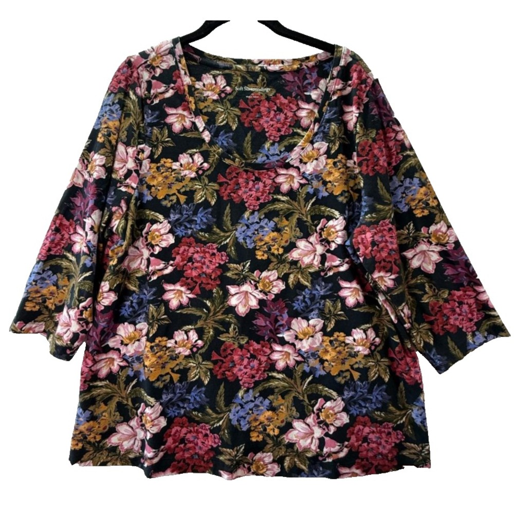 Soft Surroundings 1X Floral Scoop Neck Top 3/4 Sleeve Cotton Stretch Boho Plus